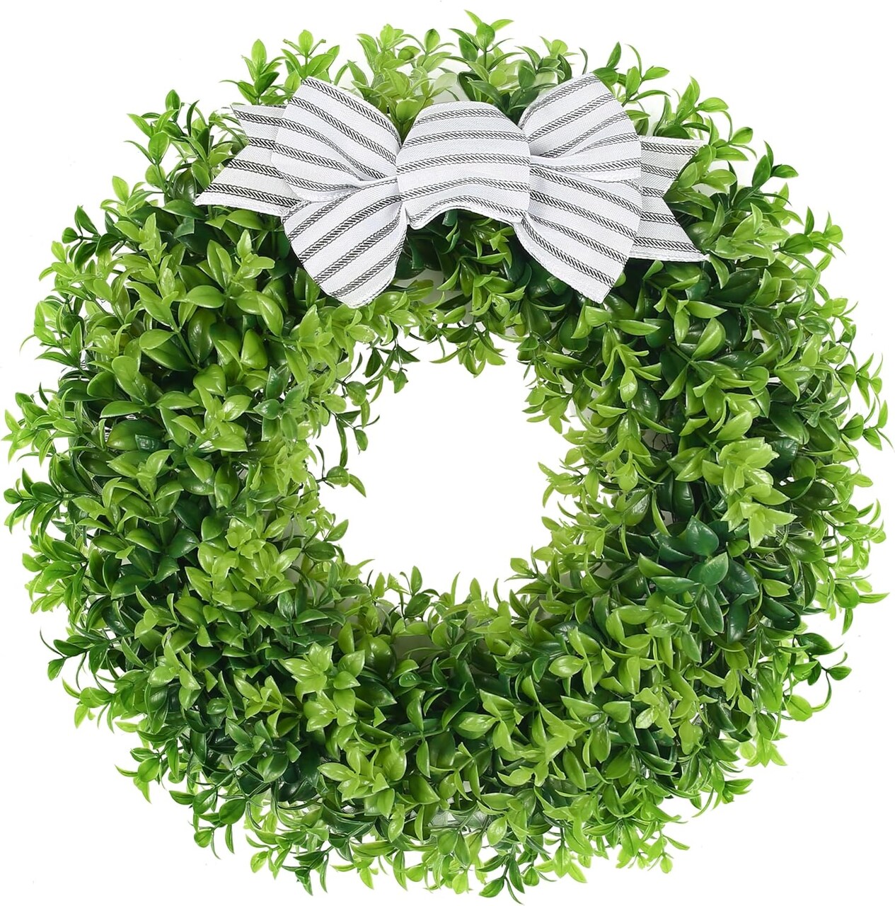 18" Faux Round Boxwood Wreath, Artificial Boxwood Wreath Front Door Wreaths Artificial Spring Summer Greenery Hanging with A Plaid Bow and sash for Front Door Wall Hanging Window Wedding Decor